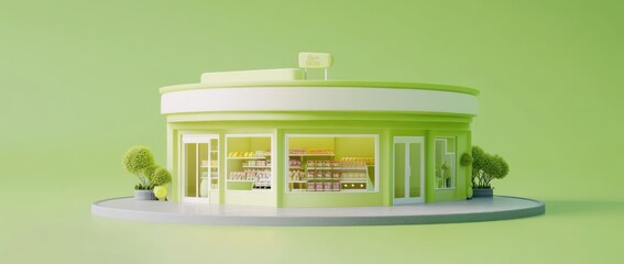 Poster - Small pastel green store exterior with shelves stocked with goods.