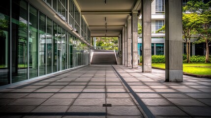 Aufkleber - Modern building walkway with glass walls, pillars, and tiled floor leading to a grassy area.