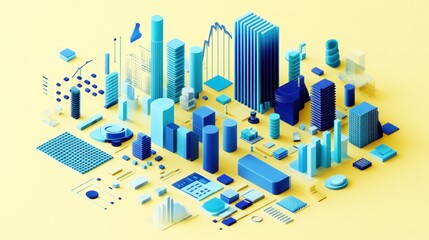 Aufkleber - Abstract isometric city skyline composed of various blue geometric shapes and data visualization elements on yellow background.