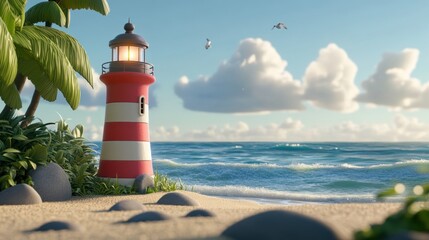 Poster - Red and white lighthouse on tropical beach with palm trees, ocean waves, and clear sky.