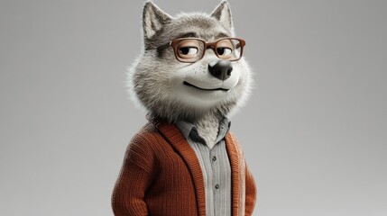 Poster - Friendly cartoon wolf wearing glasses and cardigan.