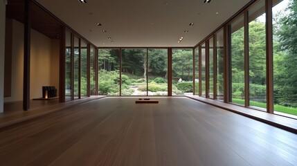 Leinwandbilder - Spacious minimalist room with large windows overlooking a serene garden.