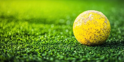 Aufkleber - Worn yellow ball rests on vibrant green artificial turf.