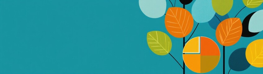 Poster - Abstract autumnal leaves and pie chart design on teal background.