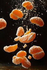 Poster - Mandarin orange segments falling through water against a black background.