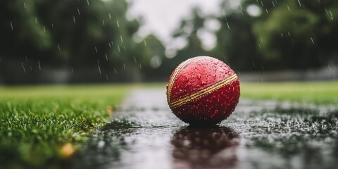 Poster - Wet red cricket ball on a rain-soaked field.