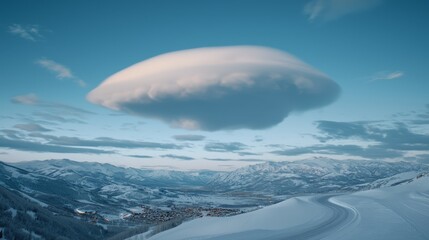 Wall Mural - A large white cloud over a snowy mountain range