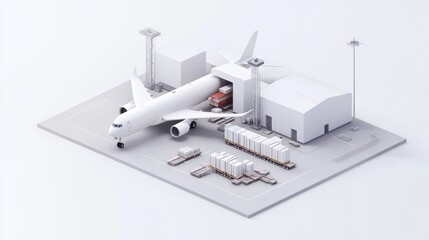 Poster - Isometric illustration of an airplane being loaded with cargo at an airport.