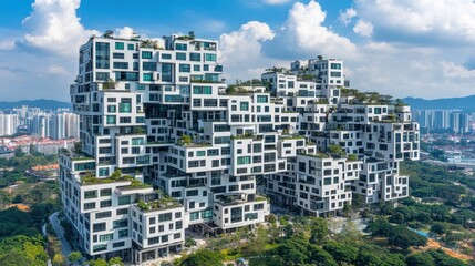Aufkleber - Aerial view of a modern, multi-story building complex with green rooftops, nestled amongst lush greenery and cityscape.