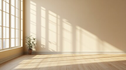 Fototapete - Sunlit empty room with large window, hardwood floor, and potted plant.