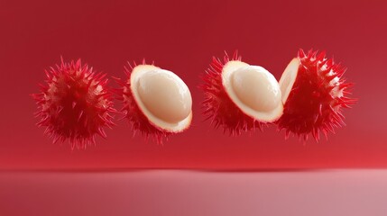 Poster - Three red rambutan fruits levitating against a red background; one whole, two halved, showcasing the creamy white flesh inside.