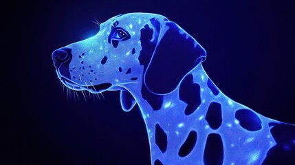 Aufkleber - Glowing Dalmatian dog portrait, blue neon light, dark background.