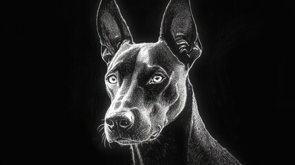 Poster - Monochrome portrait of a dog, with glowing lines.