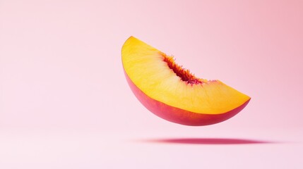 Poster - A juicy peach slice levitates against a soft pink background, showcasing its vibrant color and texture.