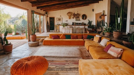 Aufkleber - Spacious, sunlit living room with orange modular sofa, potted plants, and rustic decor.