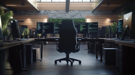 Poster - Empty gaming chair in modern tech office with multiple monitors displaying code.