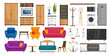 © Microstocker.Pro - Cartoon vector furniture set in flat style with sofas, lamps, bed, armoires, shelves, TV, laundry machine, microwave oven, refrigerator, and posters for interior design use.
