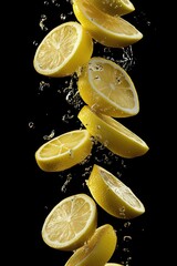 Poster - Sliced lemons falling in water against a black background.