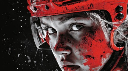 Poster - Close-up portrait of a determined female hockey player with blood and sweat on her face and helmet.