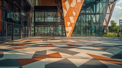 Poster - Modern building exterior with geometric patterned plaza.