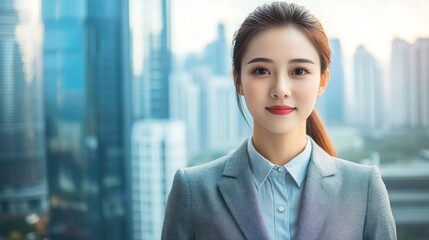 Poster - Confident young businesswoman smiles, city background.