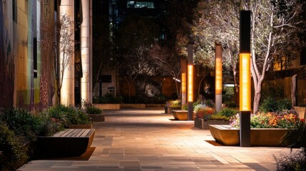 Aufkleber - Night scene of a paved walkway with modern lighting, landscaping, and benches.
