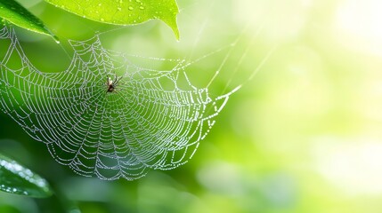 a spider sits in the center of a spider web covered in water droplets