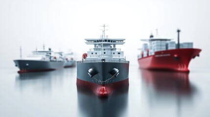 Poster - Three cargo ships on calm water, focus on central vessel.
