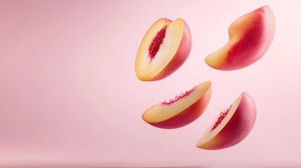 Poster - Four peach slices levitate against a pink background.