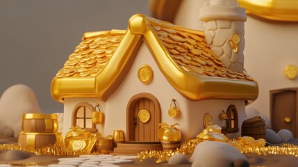 Poster - A charming cartoon cottage with a golden roof, surrounded by gold coins and barrels.