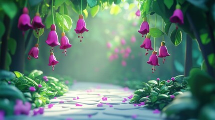Poster - Magical pathway through a vibrant garden with hanging fuchsia flowers and stone path.