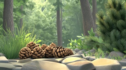 Poster - Pine cones on rocks in a sunlit forest.
