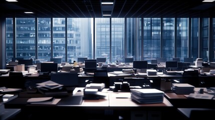 Leinwandbilder - Empty modern office with city view, desks and computers.