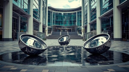 Poster - Modern architecture courtyard with three reflective spheres in a water feature.