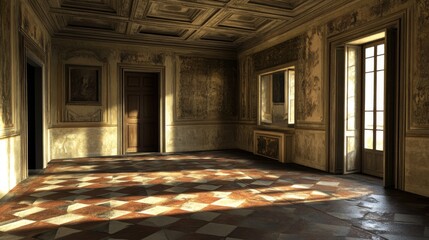 Poster - Sunlit interior of a historic room with ornate walls, wooden doors, and a checkered floor.