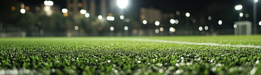 Aufkleber - Close-up view of artificial turf at night, illuminated by stadium lights in the blurred background.