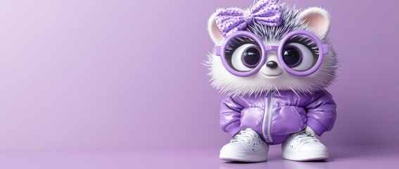 Poster - Cute cartoon hedgehog wearing purple jacket, glasses, and bow.