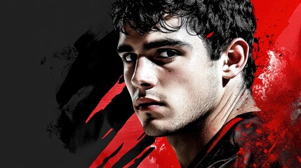 Aufkleber - Intense close-up portrait of a young man with dark hair, serious expression, against a red and black abstract background.