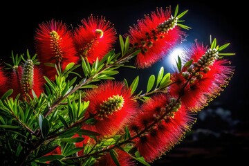 A night-blooming Australian bottlebrush, isolated on white, its red silhouette a stark botanical statement.