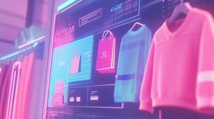Poster - Futuristic retail display showcasing clothing and shopping bags on a digital screen with inventory data.