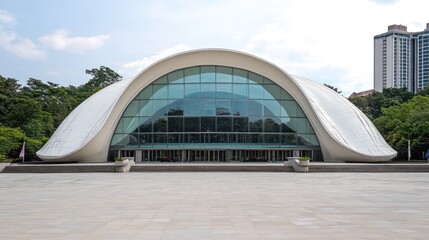 Poster - Modern white curved building with large glass windows and plaza.