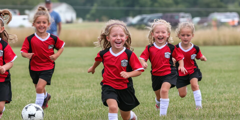 Young children joyfully playing soccer in a grassy outdoor field