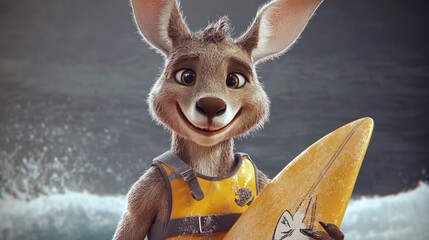 Wall Mural - Happy cartoon kangaroo surfer holding surfboard near ocean waves.