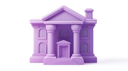 Poster - Purple 3D model of a classical building with columns, steps, and a chimney, isolated on white background.