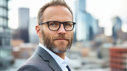 Poster - Confident mature businessman in glasses, city background.