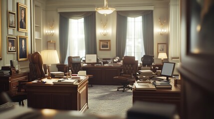 Poster - Sunlit, spacious office with classic wooden furniture, large windows, and framed portraits.