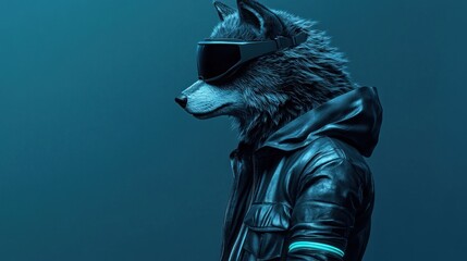 Poster - Anthropomorphic wolf in futuristic attire and goggles, profile view against teal background.