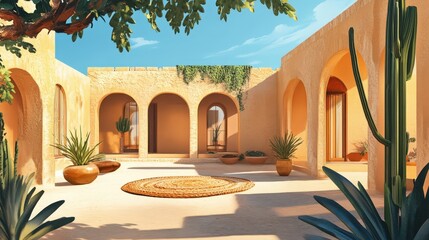 Poster - Sunlit Courtyard with Arches and Desert Plants