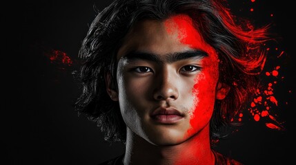 Poster - Close-up portrait of a young man's face, half covered in red paint splatter, against a dark background.