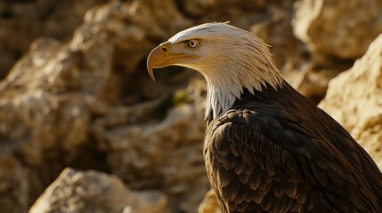 Aufkleber - Majestic bald eagle perched on rocky outcrop, sunlight illuminating feathers.